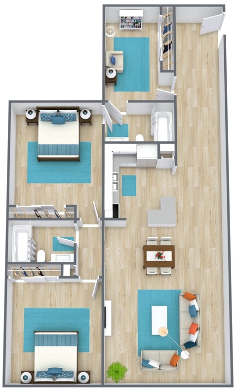 A floor plan of a house with a kitchen, living room, and two bedrooms.